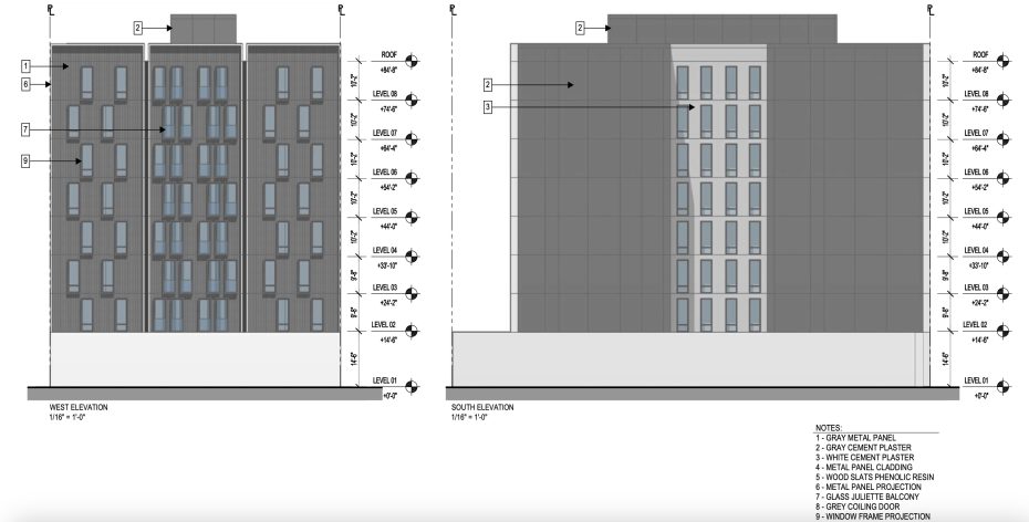 Architectural elevation drawings of a multi-story building’s west and south sides, labeled with material notes, dimensions, and window placements; material legend included at the bottom.