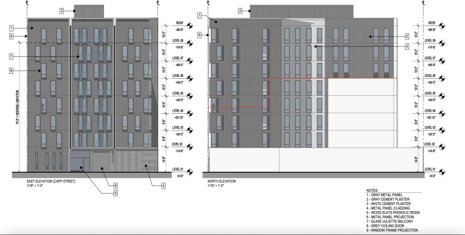 Architectural elevation drawings of a multi-story building showing east and north views, labeled with dimensions, materials, and a legend noting finishes and key features.