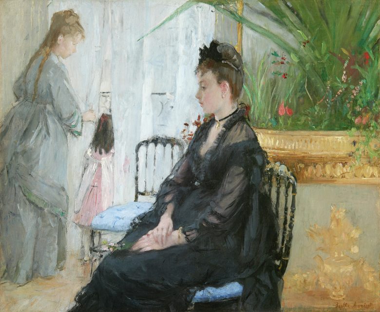 A woman in a black dress sits on a chair while another woman and a child stand near a curtain in a room with large plants, ornate decor, and the refined atmosphere reminiscent of grand museums.