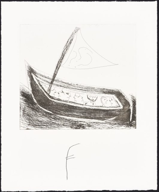 A simple black and white drawing of a boat with a sail marked "25." The boat contains several indistinct shapes and is positioned above a large letter "F" at the bottom.