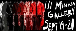 Stylized image of men in shirts and ties, transitioning from black and white to red. Text reads: "111 Minna Gallery Sept 19-21.