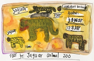 Children’s drawing of jaguars with handwritten labels such as "jaguar," "roar," and "alphabet letter J," on a yellow background.