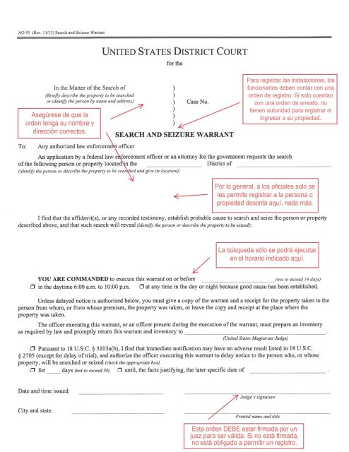 A U.S. District Court search and seizure warrant form with red Spanish annotations explaining legal procedures and important requirements for validity.