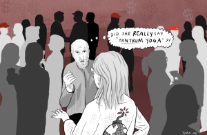 A man at a crowded event looks surprised as he thinks, "Did she REALLY say 'TANTRUM YOGA'?!" while talking to a woman. Silhouetted people fill the background.