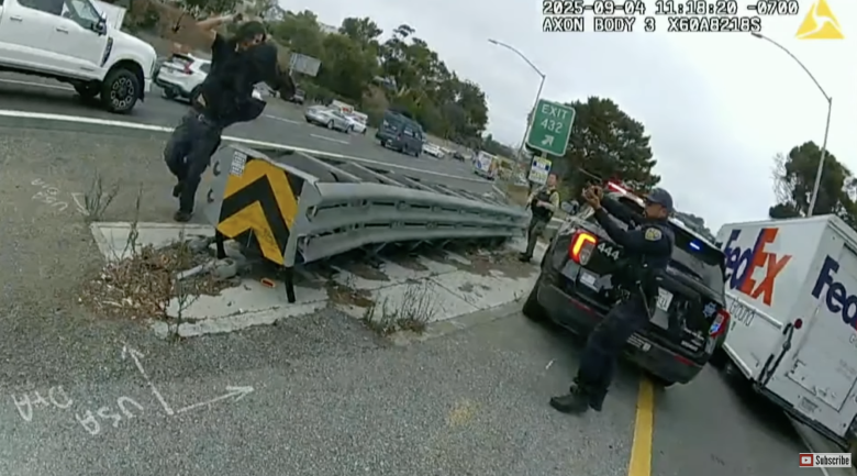 Police officers with guns drawn confront an individual near a highway guardrail beside a police vehicle and a FedEx truck at an exit ramp.