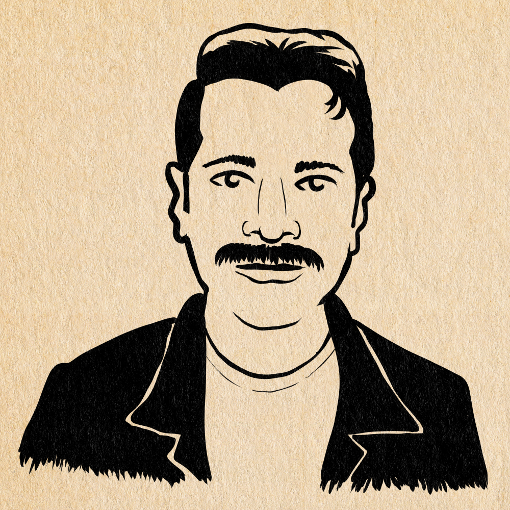 Black and white illustration of a man with a mustache, short hair, and a jacket, on a textured beige background.