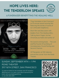 Flyer for a fundraiser event featuring a screening of "Fog: Homeless in San Francisco" at Roxie Theater, with discussion and VIP reception, benefitting The Healing WELL.