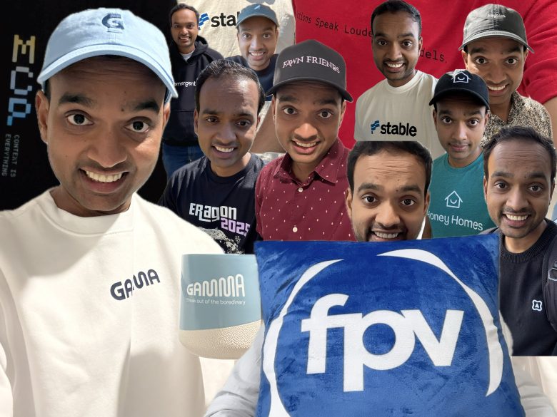 A collage of the same man wearing different branded shirts, hats, and holding a branded pillow, all smiling at the camera.