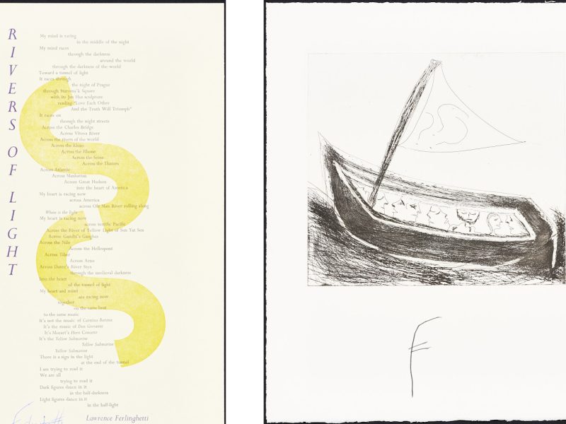A printed poem titled "Rivers of Light" with a yellow abstract design next to a monochrome sketch of a sailboat labeled with the letter "F" below it.