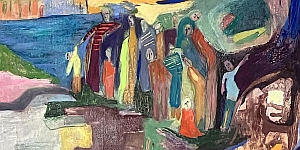 Abstract painting of a group of elongated human figures in colorful clothing standing near water with a blend of vibrant and muted colors in the background.