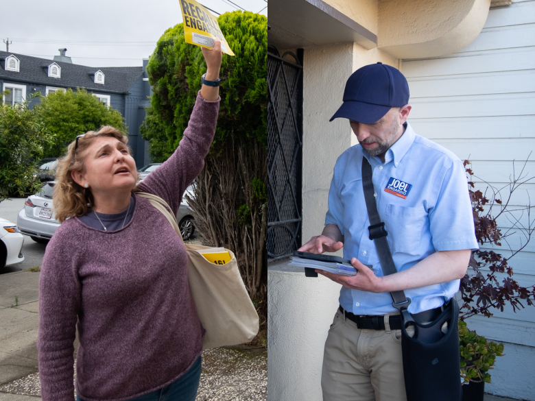 A woman holds up a yellow flyer outside, while a man in a blue shirt and cap uses a tablet near a house entrance.