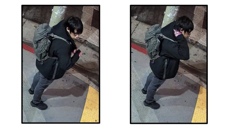 Two surveillance images show a person with dark hair, glasses, a gray backpack, and a black jacket standing on a sidewalk near a red curb at night.