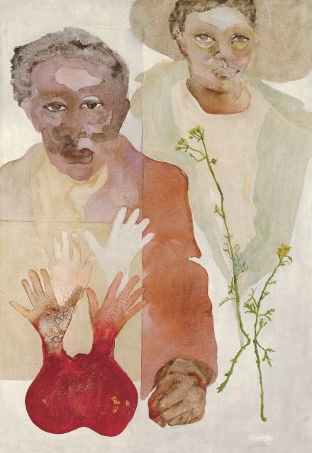 A painting of two figures with muted facial expressions, overlapping colored hands, and green flowering plants between them on a textured background.