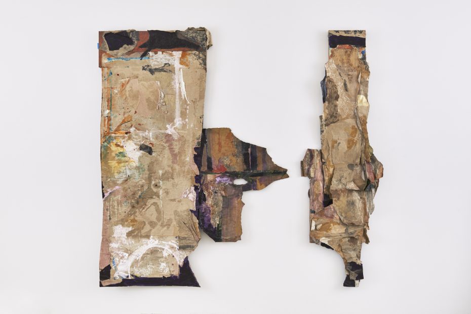 Two irregular, vertically-oriented pieces of layered, textured, and painted material are mounted on a white background, forming an abstract composition.