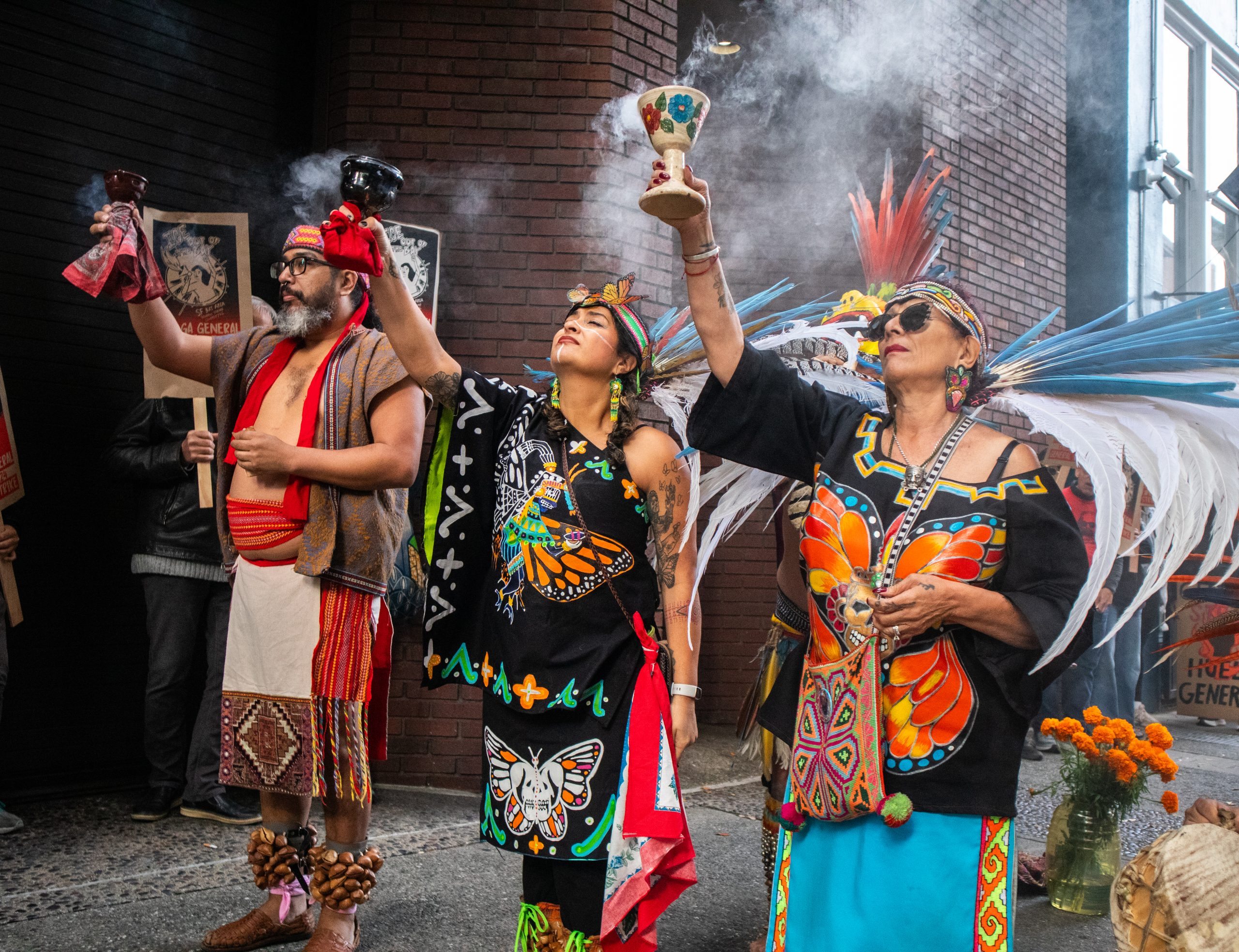 Aztec dancers, peaceful protesters throng S.F. immigration court day after Trump threats