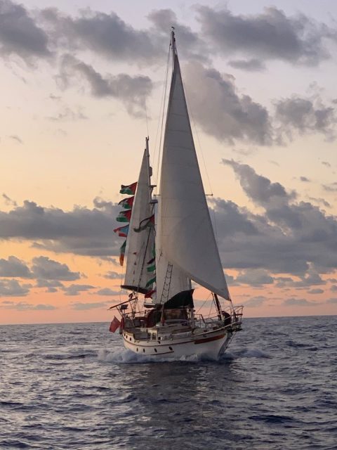 A white sailboat with colorful flags sails on the ocean at sunset, with clouds scattered across the sky.