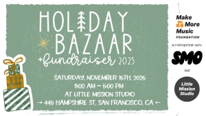 Holiday Bazaar Fundraiser 2025 event flyer with date, time, location details, and featured partners' logos, alongside an illustration of stacked, wrapped gifts.