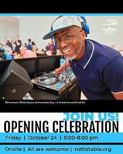 A smiling DJ wearing headphones stands behind a mixing console at an indoor event. Text below promotes an opening celebration on October 24 from 5-8pm at ruthstable.org.