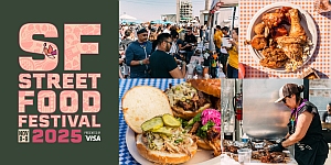 SF Street Food Festival 2025 poster with people at food stalls, a chef preparing food, a chicken dish, and a sandwich with pickles and slaw on checkered tablecloths.