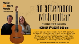 Promotional image for a guitar concert featuring Kate and Bradly Pupa, scheduled for October 5, 2025, with event details and a photo of the performers with a guitar.