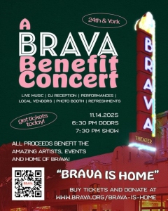 Poster for the BRAVA Benefit Concert on November 14, 2025, promoting live music and community events at the BRAVA Theater, with info on tickets and donations.