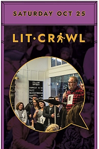 A man speaks at a microphone to an audience during a Lit Crawl event. The text above reads "Saturday Oct 25" and "Lit Crawl" on a purple background.
