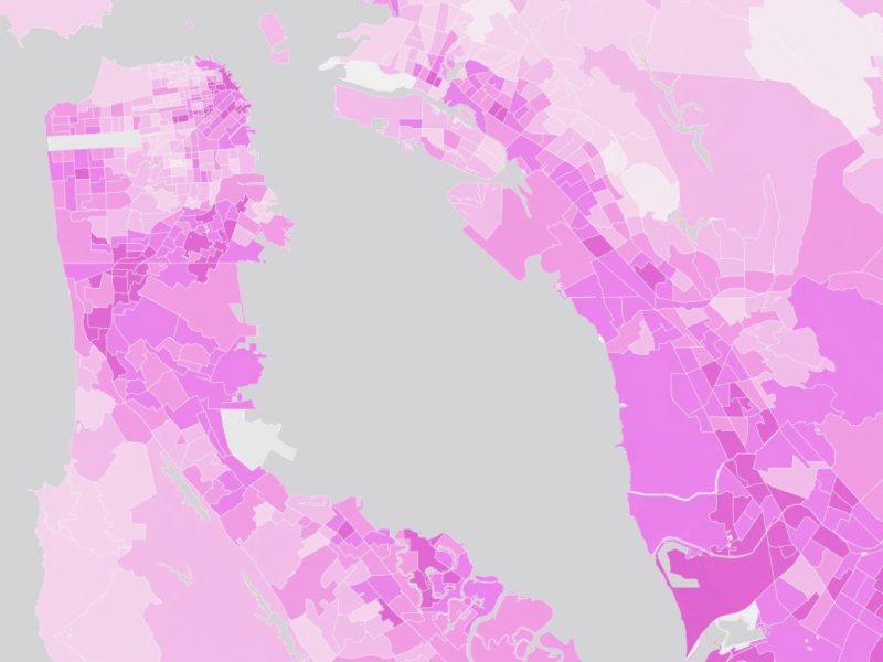 A color-coded map shows various regions around San Francisco Bay in shades of pink and purple, indicating data differences across neighborhoods.