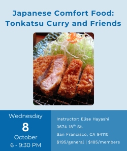 Event flyer for a Japanese comfort food class featuring a photo of Tonkatsu curry with shredded cabbage, event details, date, time, location, instructor, and pricing information.