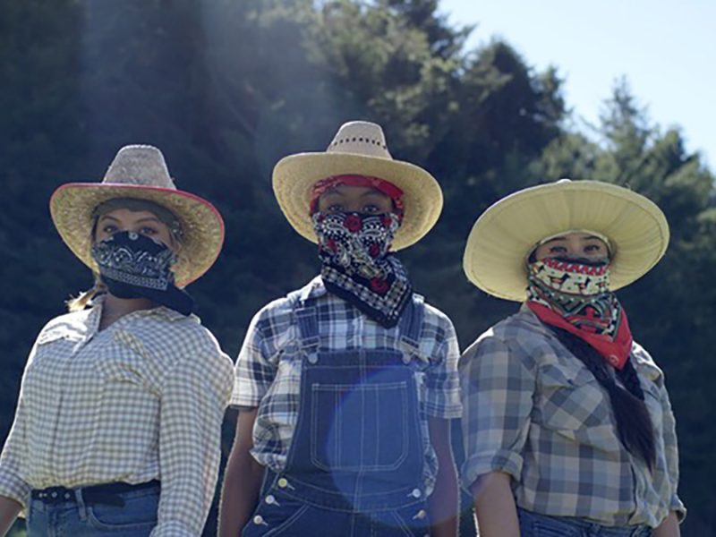 Three people wearing wide-brimmed hats, plaid shirts, and bandanas over their faces stand outdoors in front of trees.