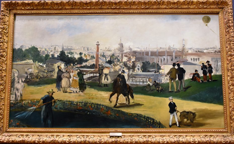 A 19th-century painting depicts people walking, riding, and socializing in a park with a cityscape and hot air balloon in the background, framed in ornate gold.