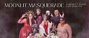 Six people in elaborate masquerade costumes pose around a table with masks, candles, and fruit. Text reads "Moonlit Masquerade: A Benefit Event for SFBATCO.