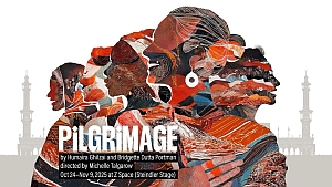 Collage-style artwork of three profiles overlaid with textured patterns, with "PILGRIMAGE" and event details written below, against a faint cityscape background.