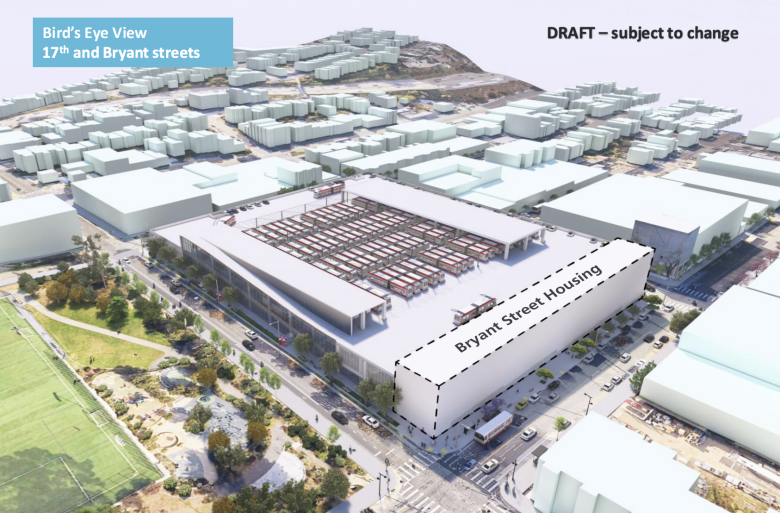 Aerial rendering of an urban block at 17th and Bryant streets, highlighting a building labeled "Bryant Street Housing" and surrounding streets; labeled as a draft.