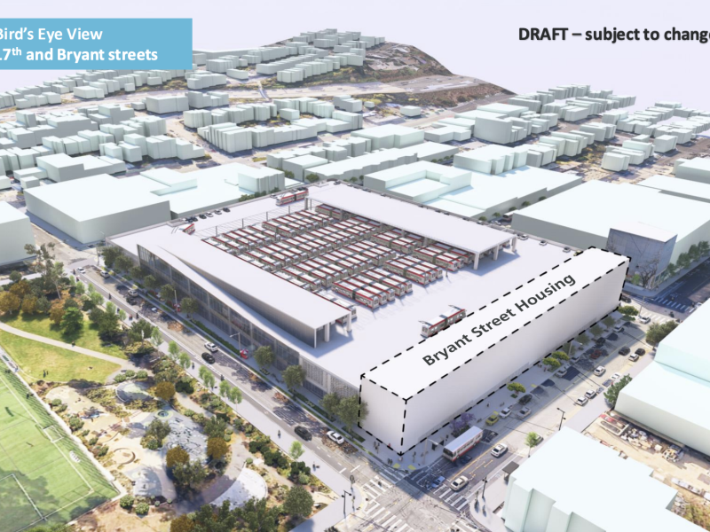 Aerial rendering of an urban block at 17th and Bryant streets, highlighting a building labeled "Bryant Street Housing" and surrounding streets; labeled as a draft.