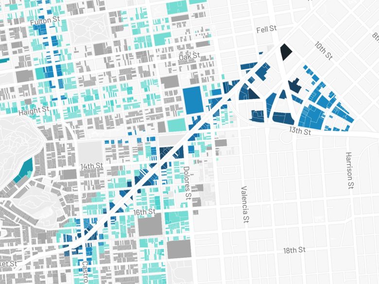 Map showing blocks shaded in varying shades of blue and gray along and around Dolores St, with major streets and intersections labeled, such as 16th and 14th Streets.