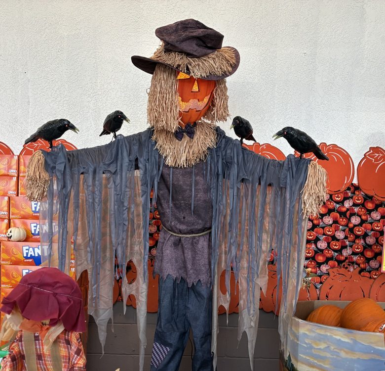 A scarecrow with a jack-o'-lantern head, three black crows on its arms, and tattered clothing stands in front of a pumpkin-themed display.
