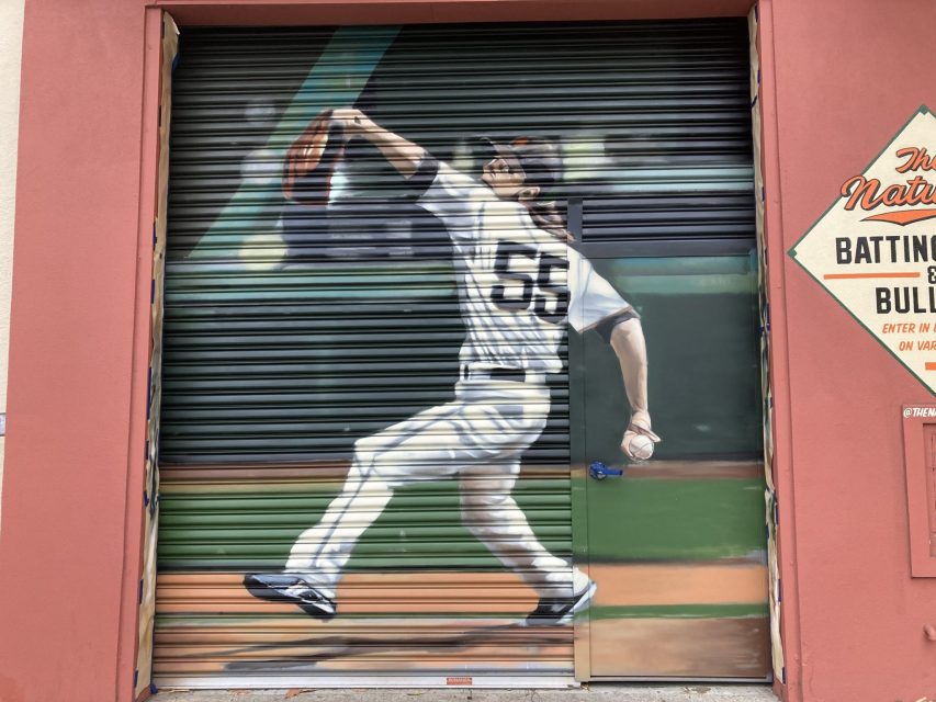 A mural of a baseball pitcher in a white uniform mid-throw is painted on a metal garage door next to a sign for a batting cage facility.