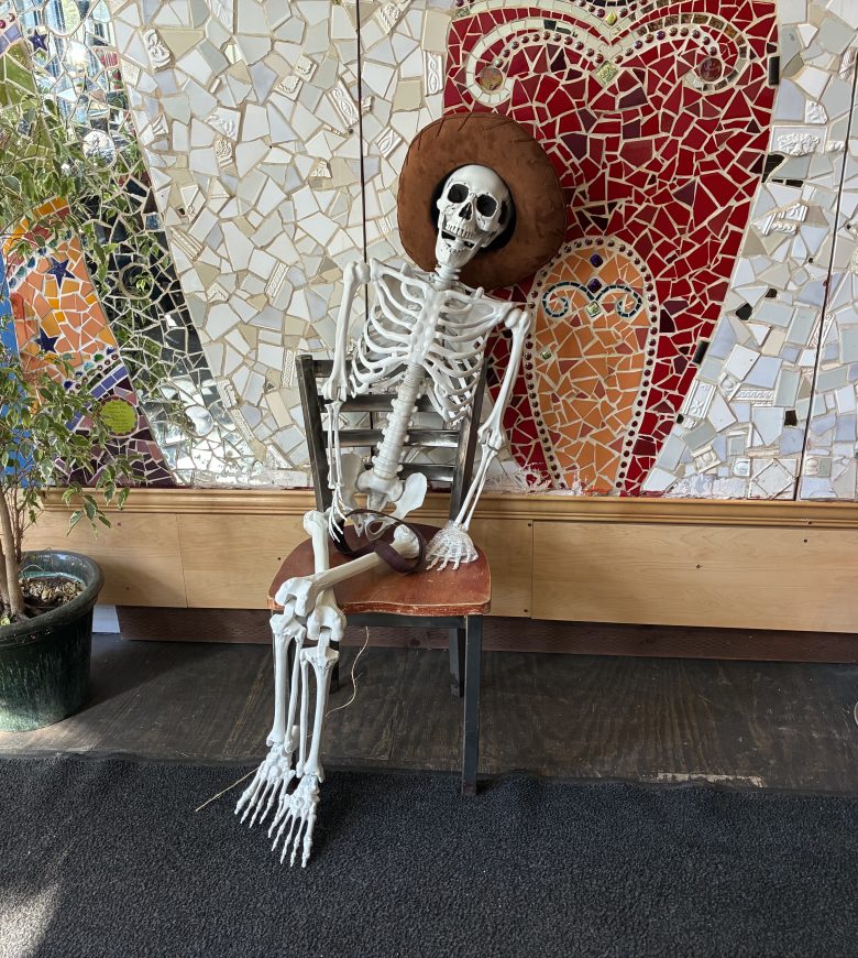 A skeleton wearing a wide-brimmed hat sits on a chair against a colorful mosaic wall, with a potted plant to the left.