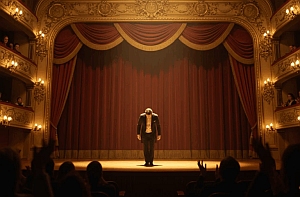 A performer in formal attire stands alone on stage, bowing to an applauding audience in an ornate theater.