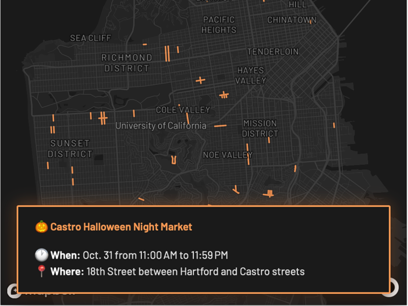 A map of San Francisco highlights the Castro district, showcasing event details for the Castro Halloween Night Market on Oct. 31, 11:00 AM–11:59 PM, at 18th St. between Hartford and Castro streets—perfect for celebrating Halloween in style.