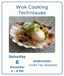 A cooked scallop served in a shell is shown beneath text promoting a Wok Cooking Techniques class on Saturday, November 8, 4-8 PM, taught by Linda Tay Esposito.