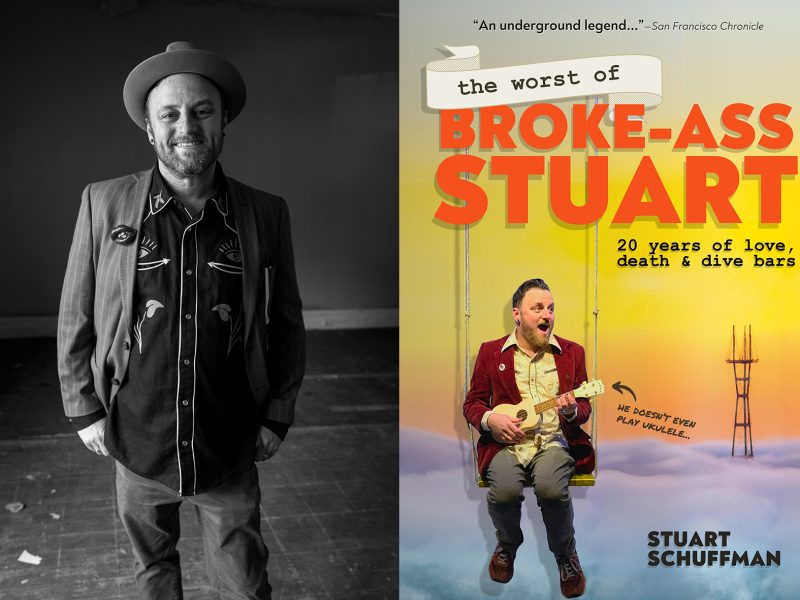 A man in a hat smiles in a black and white photo next to a colorful book cover titled "The Worst of Broke-Ass Stuart" by Stuart Schuffman, featuring him on a swing with a ukulele.