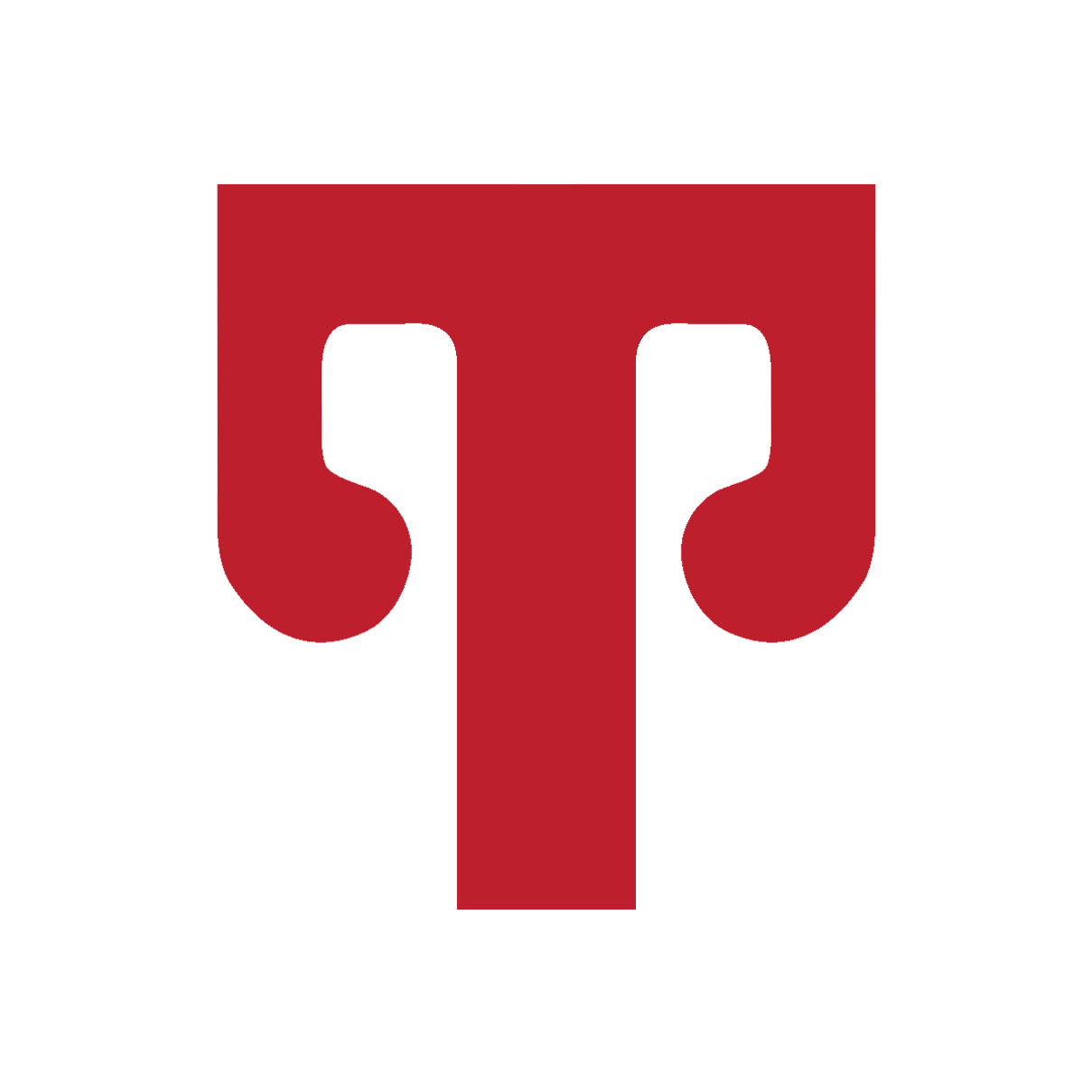 A bold red uppercase "T" with stylized curves on a light gray background.