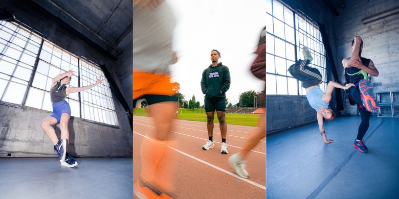 Three photos: person jumping in a gym, man standing on a track with two others in sportswear, and two people performing a breakdance move indoors.