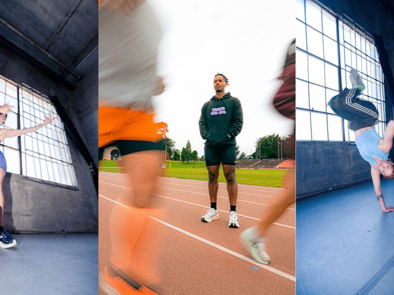 Three photos: person jumping in a gym, man standing on a track with two others in sportswear, and two people performing a breakdance move indoors.