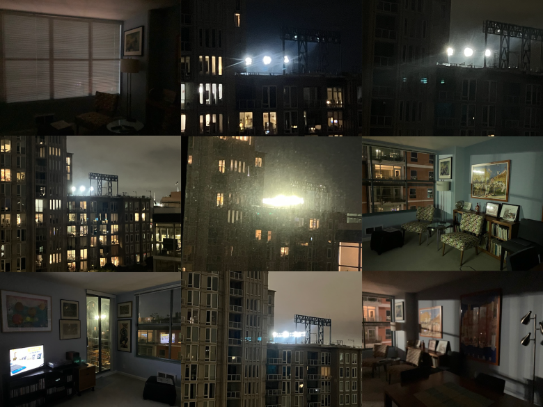 A collage of nighttime apartment interior shots and outdoor views featuring bright stadium lights illuminating nearby buildings through windows.