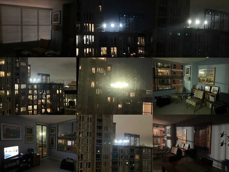 A collage of nighttime apartment interior shots and outdoor views featuring bright stadium lights illuminating nearby buildings through windows.