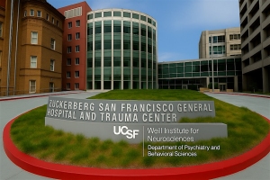 The entrance sign for Zuckerberg San Francisco General Hospital and Trauma Center, UCSF Weill Institute for Neurosciences, in front of modern hospital buildings.