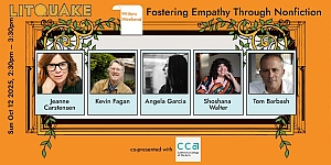 Event poster titled "Litquake: Fostering Empathy Through Nonfiction" featuring photos and names of five panelists with event details and co-sponsor logos.