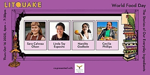 Event banner for Litquake World Food Day featuring photos of speakers Sara Calvosa Olson, Linda Tay Esposito, Nazitha Gadsden, and Cecilia Phillips, with event details and a stack of books.